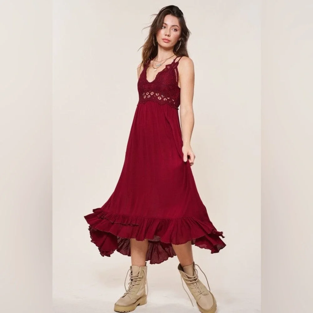 Elegant Burgundy Lace Maxi Dress - Picture 6 of 6